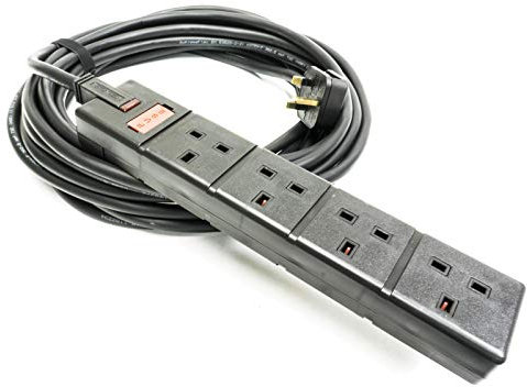 15m TOUGH H07RN-F Rubber Mains cable. Uk Plug to 4 Gang Socket, Black. Permaplug. 13amp
