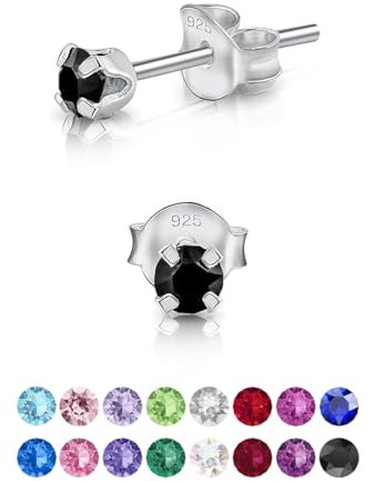 Pendientes de Botón Plata Ley 925 on Cristales Brillantes Negros - Pendientes Pequeños Plata 925 para Mujer - Punto de Luz Hipoalergénicos sin Niquel - Diámetro 3 mm