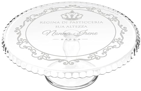 Maverton Portatorta in Vetro Trasparente, Incisione Laser Personalizzata | Piatto Tondo Porta Dolce Rialzato su un Piede, Alzata per Dolci, regalo donna, Regina