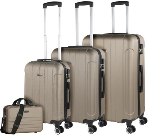 ITACA - Maletas de Viaje Rígidas ABS - Maleta de Viaje Cabina, Maleta Mediana y Maleta Grande - Asa Telescópica, 4 Ruedas Giratorias y Candado de Combinación, Champagne, 55 cm + 63 cm + 73 cm + 35 cm
