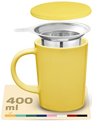 Cosumy Teetasse mit Sieb und Deckel - Keramik Kanariengelb - Hält Lange warm - 400ml Groß - Spülmaschinenfest