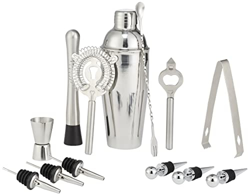 Amazon Basics juego de herramientas de bar de 13 piezas de acero inoxidable con coctelera de 710 ml, cuchara mezcladora, Jigger