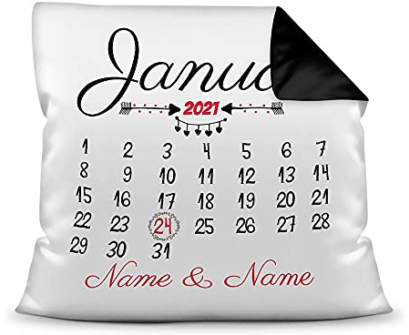 Kissen Kalender selbst gestalten - anpassbarer Jahrestag - mit Namen & Datum bedrucken - Geschenk Valentinstag, Liebe, Jahrestag, Fotokissen inkl. Füllung - Farbkissen Rückseite Schwarz, 40 x 40 cm