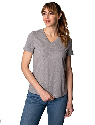 tex leaves Camiseta Cuello Pico Regular Fit para Mujer - 100% Algodón (M, Gris Melange)
