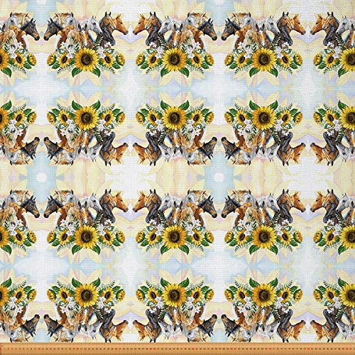 Pferde Polsterstoff Sonnenblumen Stoff Meterware Cowgirl Cowboy Aquarell Dekostoff Bauernhaustier Innen Draussen Stoff für Kinder Jungen Mädchen 920 x 150 (HxB)