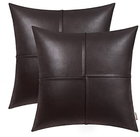 BRAWARM Kunstleder-Kissenbezüge, 45,7 x 45,7 cm, Siegel, braune Leder-Kissenbezüge, handgenäht, dekorative Dekokissen für Couch, Sofa, Bett, Wohnzimmer, Zuhause, Garten, 2 Stück