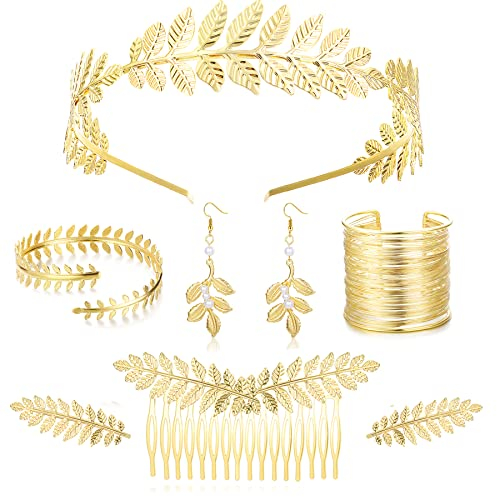 Kakonia 8stk Griechisches Göttinnen Kostüm Zubehör Set für Frauen, Gold Griechisches Göttinnen Zubehör Set Blatt Stirnband Spulenarmband Blatt Ohrringe Gold