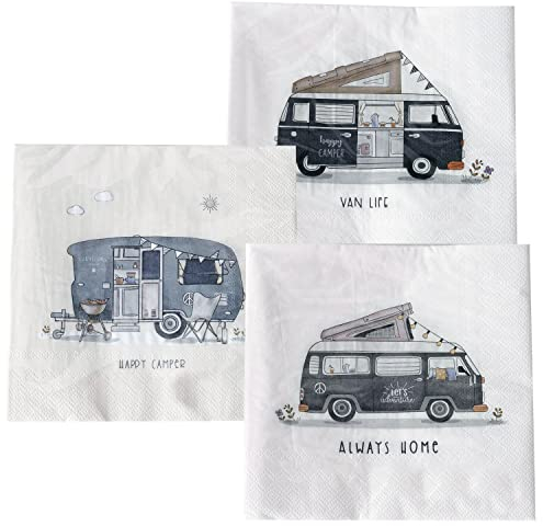 Happy Camper Servietten, 60 Stück, 3 Packungen mit je 20 Stück, 3-lagiges Papier, Größe 17 x 17 cm, cremefarben, grau, weiß