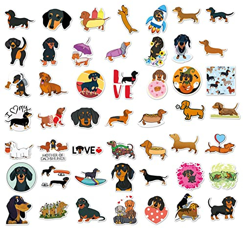 shangjia Niedliche Dackel-Aufkleber - 50 Stück niedliche Hundetieraufkleber | Lustige Tier-Aufkleber, Weiner-Hund-Aufkleber für Wasserflaschen, Laptop, Skateboard, Gitarre, Computer, Telefon