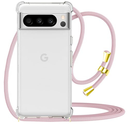 CAROKI for Google Pixel 8 Pro Crossbody Phone Case, Lanyard Protective Case with Adjustable Strap Rope Shockproof Hands-Free TPU Soft Anti-Scratch Phone Cover for Google Pixel 8 Pro-Rose Gold