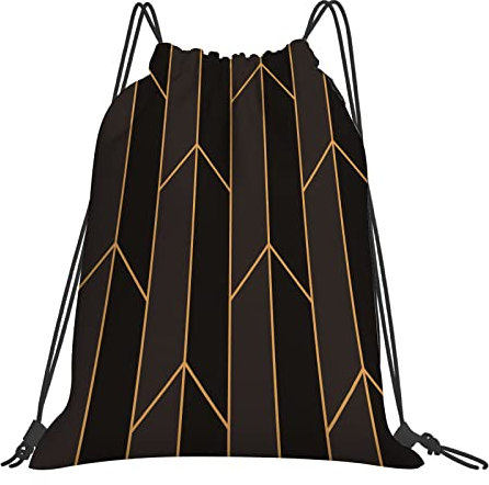 DELURA Rucksack mit Kordelzug,Abstraktes Muster Gold Gerade Linien Artdeco Schönheit Schwarz Eleganz Elegant,Kordelzug-Sackpack für Sport, Yoga, Reisen, Cinch-Tasche mit Reißverschlusstasche