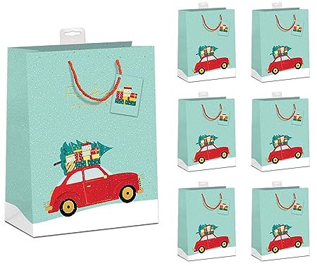 PremiumLine Geschenktaschen Weihnachten 6 Stück | edle DIN A5 Geschenktüten Papier Geschenkbeutel mittel | farbige Kordel, Namenskarte | Weihnachtsauto, Medium 18x23x10cm | Skorpion Papeterie