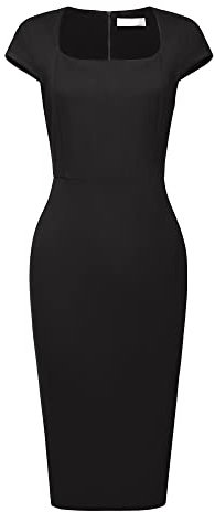 Hobemty Women's Sheath Dress Square Neck Cap Sleeve Work Pencil Dresses Black L