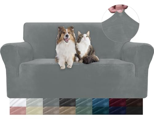 YSTELLAA Samt Sofa Überzug 2 Sitzer, Stretch Sofahusse Universal, Sofaschoner rutschfest, Sofa Covers Mit Armlehne, Couch Bezug Schutz Katze, Waschbare Couchschoner, Hellgrau
