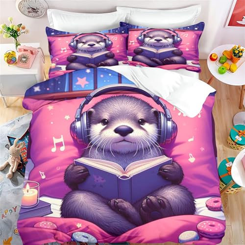 Fadaing Otter Bettwäsche 135x200 Süßer Otter Bettbezug Set Für Kinder Mädchen Jungen, Tier Otter Bettwäsche Set Weiche Mikrofaser Mit Reißverschluss Und Kissenbezüge (8,Single 135 X 200 cm)