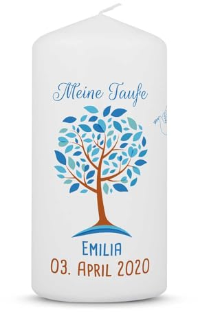 GRAVURZEILE Taufkerze Lebensbaum mit Namen, Datum & Taufspruch - Hochwertige Stumpenkerze 120/57 mm brilliant bedruckt - Personalisiertes Taufgeschenk für Mädchen & Jungen - Kleine Kerze Blau