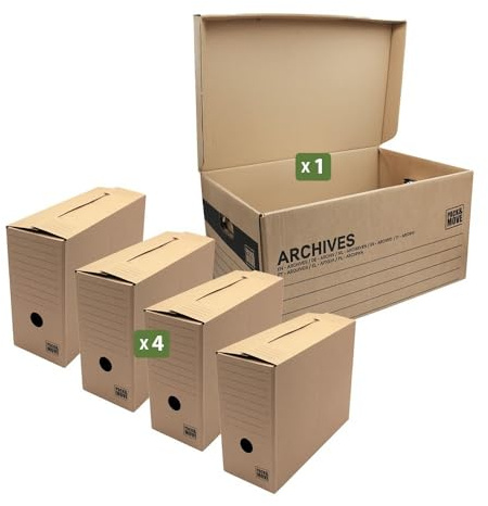 Pack and Move - Set mit 4 Archivboxen Größe M - 54 x 36 x 28 cm - inklusive Aufbewahrungsbox