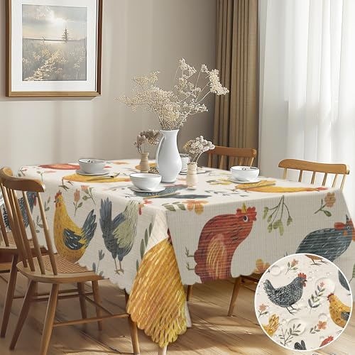 G-dake Tovaglia autunnale rettangolare, vintage, con galline e gallo, facile da pulire, impermeabile, in poliestere, per casa, cucina, sala da pranzo, feste, raccolto e Ringraziamento (140 x 180 cm)