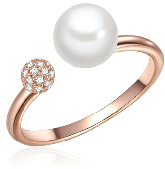Valero Pearls Damen-Ring 925 Sterling Silber rosévergoldet Süßwasser-Zuchtperle Rund 7 mm weiß/Zirkonia - Silberring offen Süßwasserperle Perlenring