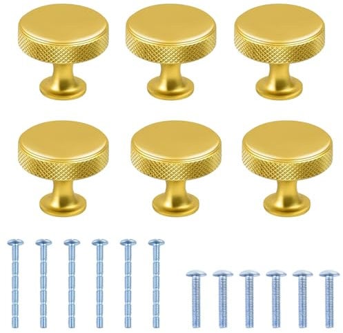 6Pcs Gold Knurled Cabinet Knobs - Kitchen/Cupboard/Round Door/Wardrobe/Drawer Knobs with Screws - 24mm*27mm