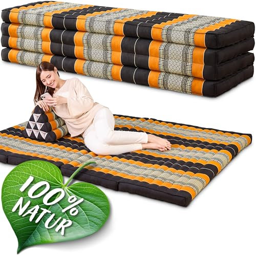 Namasdee Klappmatratze 200x140x8cm mit 100% natürlicher Kapokfüllung (Schwarz/Orange)