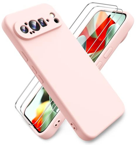 Ikziwreo Cover per Google Pixel 9 Pro XL, 2 Proteggi Schermo in Vetro Temperato,Custodia in Silicone Morbido TPU Liquido,Case Protettiva Gomma Antiurto - Rosa