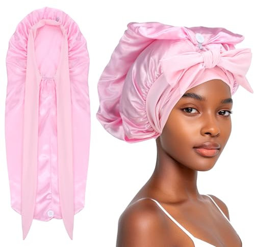 Abeillo Lange Satin Zopfhaube, Lange Satinhaube mit Knöpfe für Damen, Große Seidenhaube zum Schlafen, Satin Haarhaube Nacht, Haube mit Bindeband, Schlafhaube für Langes Lockiges Haar, Zöpfe (Rosa)