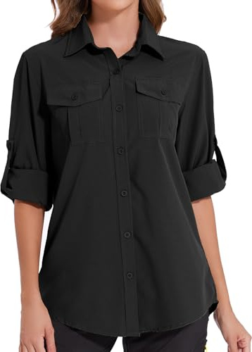 Tuopuda Hemdbluse Damen UV Shirt UPF50+ UV Schutz Safari Kleidung Wanderbluse Outdoor Cooling Sonnenschutz Langarm Luftiges Hemd Tops Sport Oberteile Atmungsaktiv, Schwarz, S