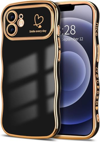 Riccase for iPhone 11 Case Lens Protection for Women Girls Shockproof Cute Wave Frame Curly Shape Plated Love Heart Phone Case for iPhone 11, Black