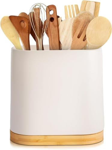 Pot Ustensiles Cuisine, Céramique avec Base en Bambou – Organisateur de Comptoir Élégant et Minimaliste – Support pour Spatules, Cuillères et Couverts – Facile à Nettoyer – Idéal pour Cuisines