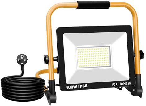 YOJZMA Lumière LED Portative de Travail avec Câble de 3M, 100W 10000LM Projecteur LED, 6000K Blanc, Rotation à 360°, IP66 Étanche, Lumière pour Intérieur/Extérieur, Atelier, Chantier de Construction