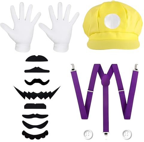 AXERHK Mario Kostüm, Halloween Kostüme, 14 Stück Kostüm Accessories Hut Schultergurte Handschuhe Bart Taste, Ideal für Mottopartys und Cosplay Veranstaltungen