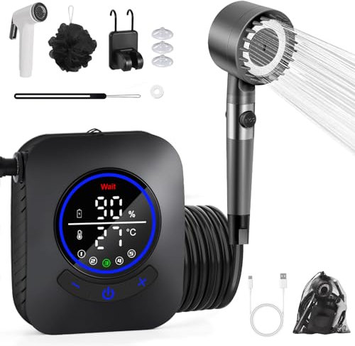Charmofun Ducha Portatil Camping, Ducha Portatil Furgoneta Camper, 8000mAh Eléctrico Portátil Recargable Ducha con Pantalla Digital, Alcachofa de Ducha con Filtro para Viajes, Jardín (8000mAh-B)
