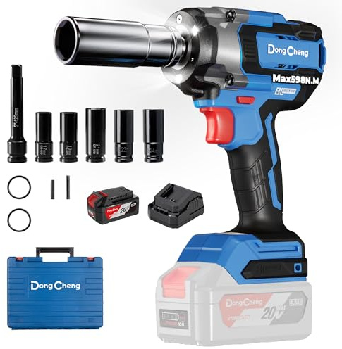 Dong Cheng 20V Brushless Impact Wrench, 598 Nm, 1/2 Inch Cordless Impact Gun, 4 Speed Mode & Smart Mode, with 5 Impact Sockets, Extension Bar, 4.0Ah Battery, and Storage Box