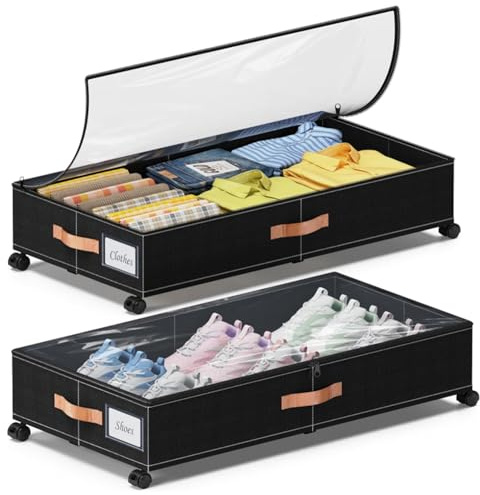 Cnwinu 2 Pack Under Bed Storage Box with Clear Lid,Under Bed Storage on Wheels,Black Box with Metal Frame and Detachable Partitions,Storage and Organization for Clothes,Shoes,Toys,Books,Blankets