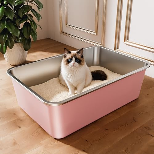Bac Litiere pour Chat en INOX, Bac à Litière pour Grands Chats, Chatons et Lapins, Caisse Chat Litiere XXL, Litiere Toilette pour Maine Coon, Anti-Adhérent, Anti-Odeurs (Rose, 60 * 40 * 20cm)