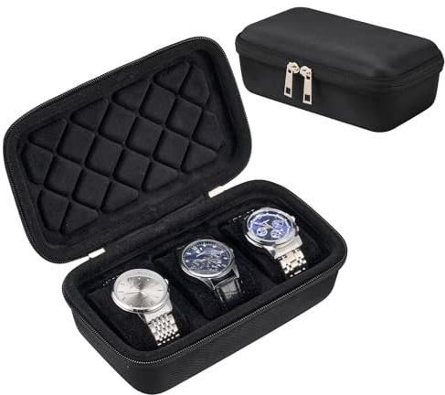 ProCase Estuche para Relojes de Viaje, Funda Rígida Joya Caja Multi-Compartimentos para Accesorios de Reloj Pulseras Bolsa Organizadora Joyero con Cremallera Regalo de Mujer Hombre -3 Ranuras, Negro