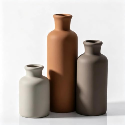 Modern Decorative Vases Set, Ceramic, Minimalist, 3 Pieces, Cylindrical Shape, Living Room Decoration (Warm Tones)