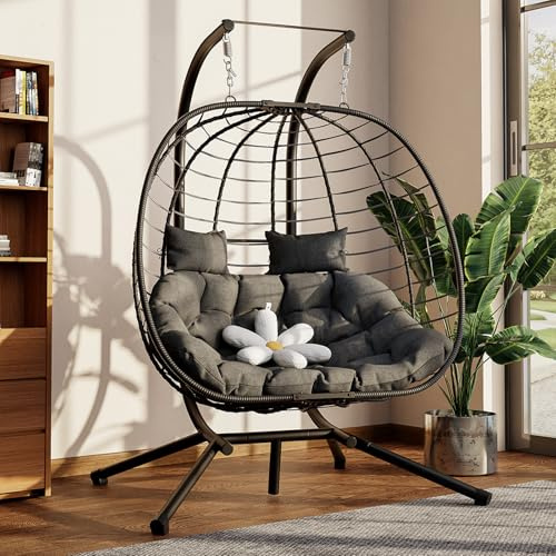 Amopatio Doppel Hängesessel mit Gestell & Kissen, Wetterfester Rattan Hängeschaukel für 2 Personen, Mental Schaukelsessel für Garten, Balkon, Terrasse, Indoor, Outdoor, Schwarz