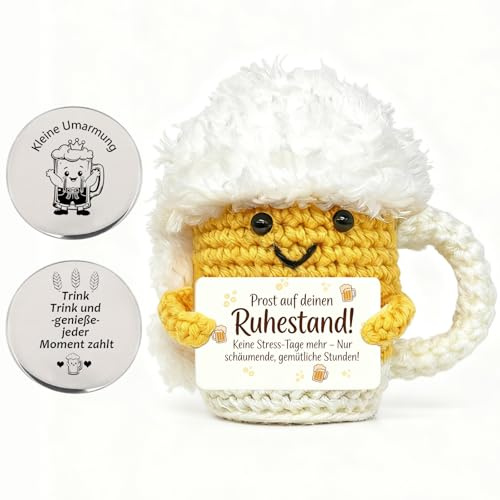 ZUMIKO Gestrickte Bierbecher Geschenkset mit Glücksbringer Münze | Anti Stress Bier Puppe 2-teilig, Pocket Hug Stress Gift Emotional Support Geschenke für Frau Männer Rentner Mama Papa Oma Opa