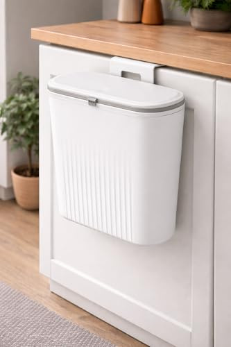 9L Hanging Trash Can with Lid Wall-mounted Compost Bin for Kitchen Hanging Trash Can with Lid, Cabinet Door Garbage Bin, Compact Waste Container for Food Scraps, Bathroom & RV (WHITE)
