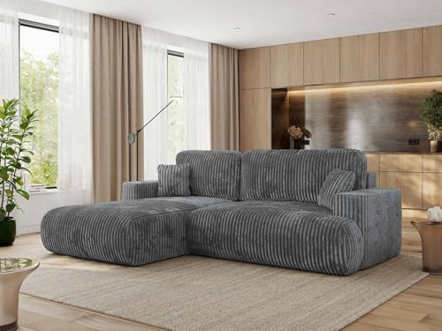 MKS MEBLE Ecksofa Wohnlandschaft L-Form mit Schlaffunktion und Bettwäscheschrank, Schlafsofa mit Bettkasten, modernes Sofa OVO L - Links - Dunkelgrau Cord