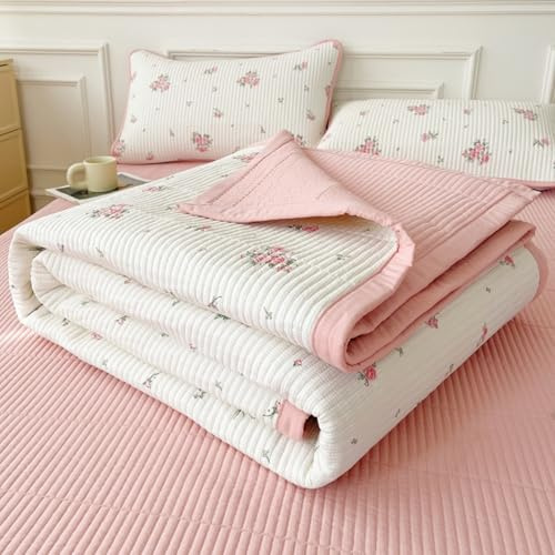 Highdi Tagesdecke Doppelbett/Einselbetten, Tagesdecken mit Zarten Blumenmustern, Gesteppt Bettüberwurf Leichte Weiche Bettüberwurf für Bett und Sofa (Weiß-Rosa,150x200cm)