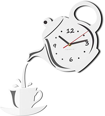 FLEXISTYLE Modern Kitchen Wall Clock Cup and Pot 45cm x 45cm 3D Silent Design Made in EU (White)