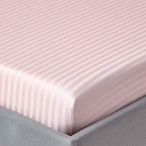 HOMESCAPES Damast Spannbettlaken 150x200 cm rosa mit Satin-Streifen, 100% ägyptische Baumwolle, Betttuch mit Gummizug, Fadendichte 330