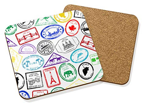 Passport Stempel Getränke Untersetzer Matte Kork Quadratisch Set X4