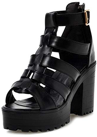 CuteFlats Damen Plateau Sandalen mit Blockabsatz Reißverschluss Gladiator Schuhe