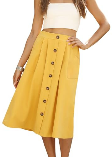 Naggoo Damen Polka Dot Midi Röcke Casual Hohe Elastische Taille A Linie Plissee Midi Chiffon Röcke mit Taschen, 06 Gelb, Klein