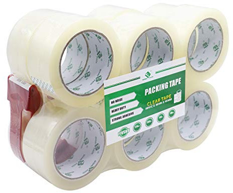 BOMEI PACK No Noise Silent Clear Packing Tape,Heavy Duty Quiet Packaging Tape for Moving,Packaging,Shipping,Office and Storage,12 Rolls 60mic x 48mm x 66m with a Dispenser