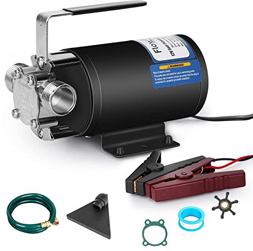 FLOWPAC 12V Water Pump 1/10 HP 330 GPH Water Transfer Pump with 3/4 inch Ports Suction Hose and Spare Parts Electric Water Pump Utility Pump-Black